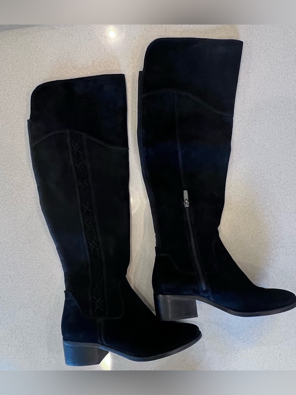 Black Suede Leather Knee High Boots Vince Camuto Sz 8 1/2 Kreesell Braid Detail